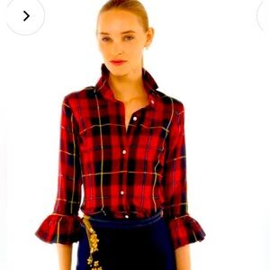 Gretchen Scott Designs Red Plaid Ruffle-Sleeve Button Front Blouse